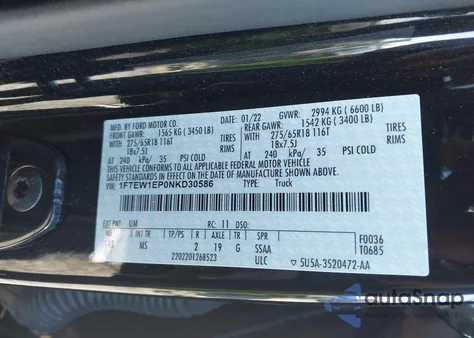 2022 Ford F-150 Xlt from USA, damaged, VIN 1FTEW1EP0NKD30586